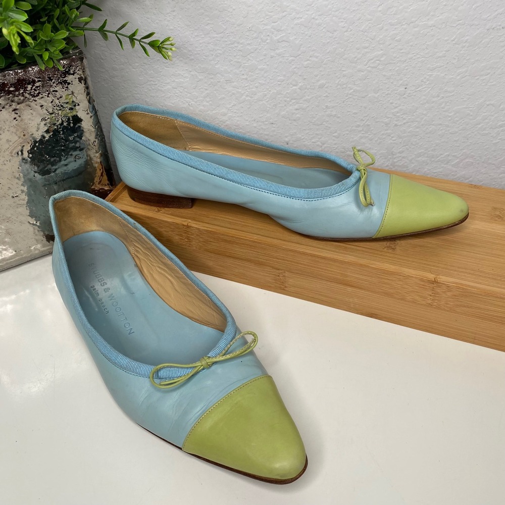 Stubbs & Wootton Ballet Flats Blue Green Cap Toe Bow Leather Italy 37.5EU‎ 7.5US